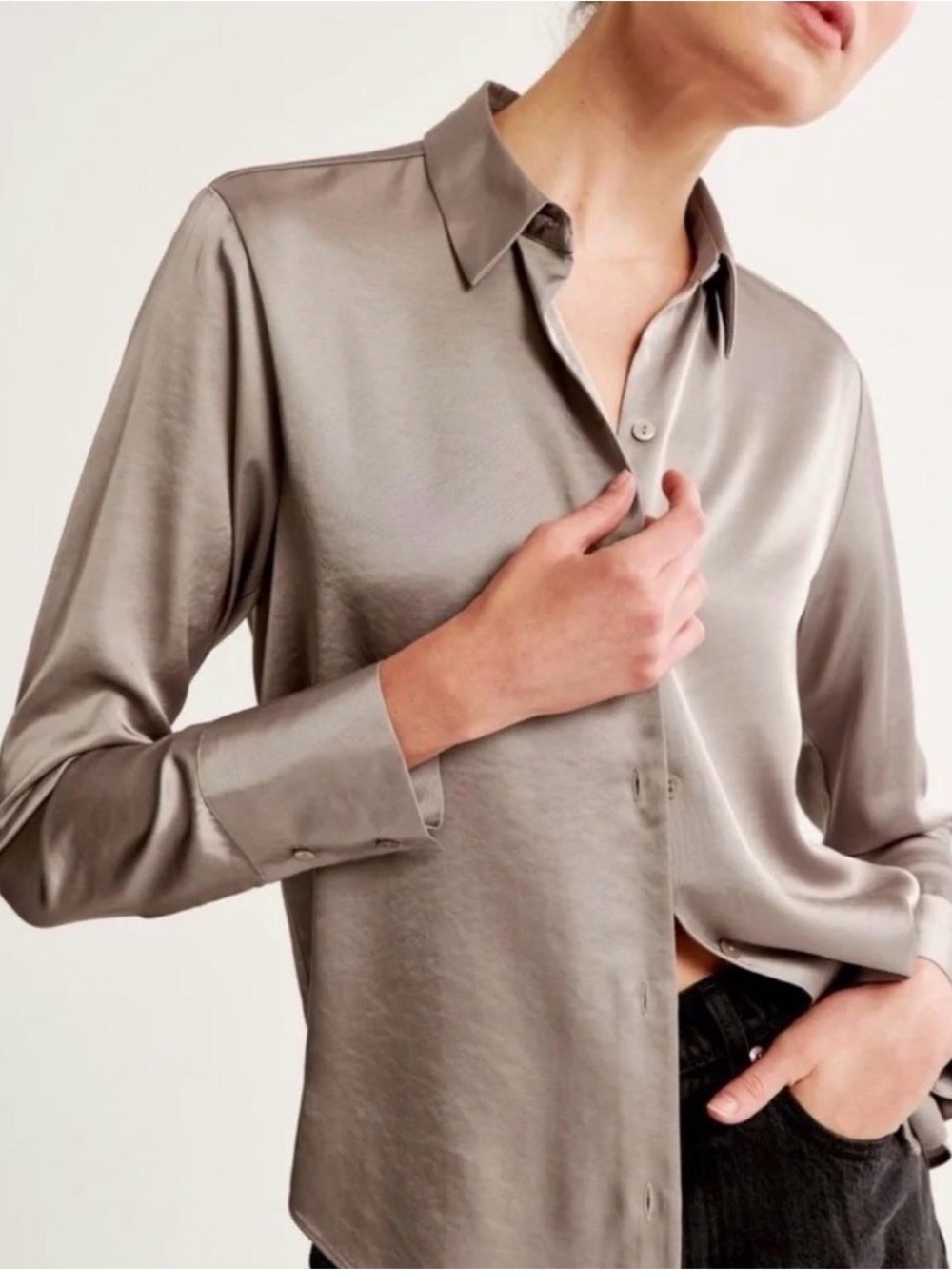 Abercrombie & Fitch Satin Button Down Shirt Size L Taupe Brown Long Sleeve Silky